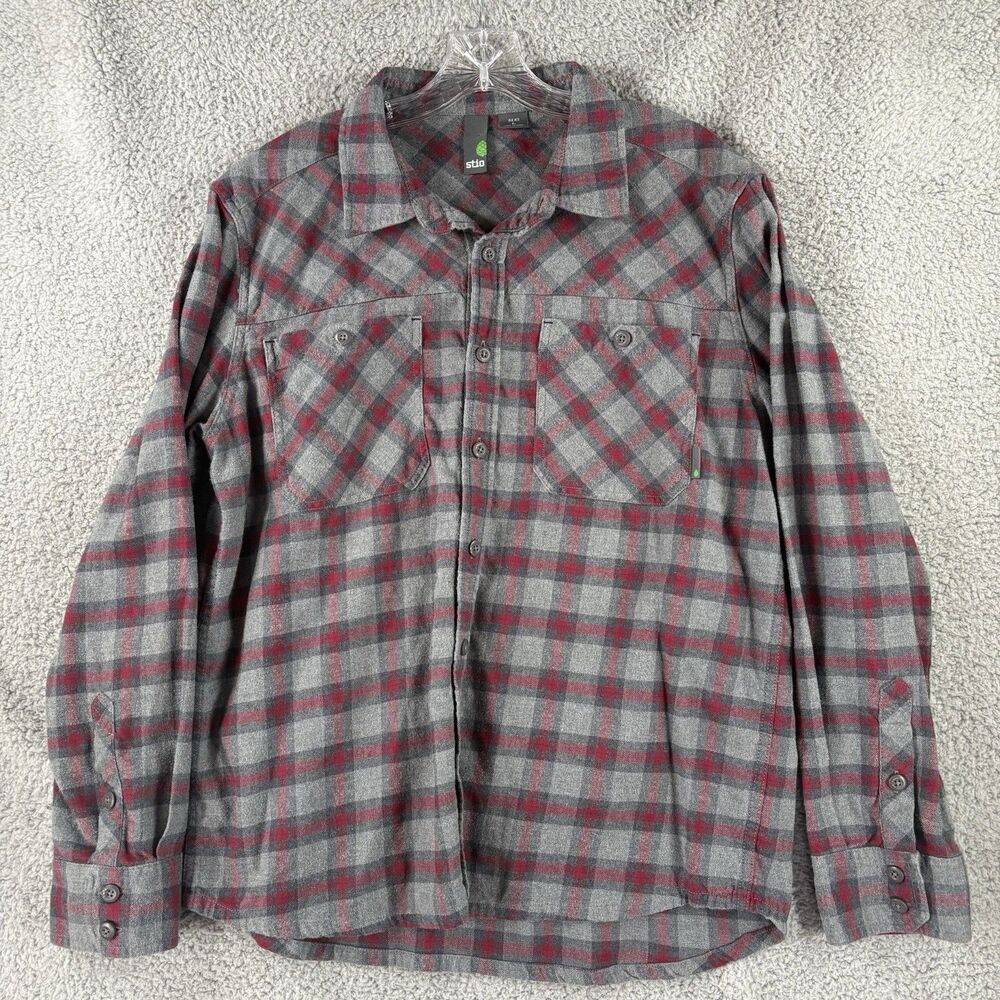 Stio Mens Flannel Shirt Mitter Lightweight Organic Cotton Large L Red Gray Plaid